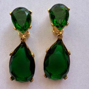 Kenneth Jay Lane Emerald and Gold Teardrop Clip Earrings